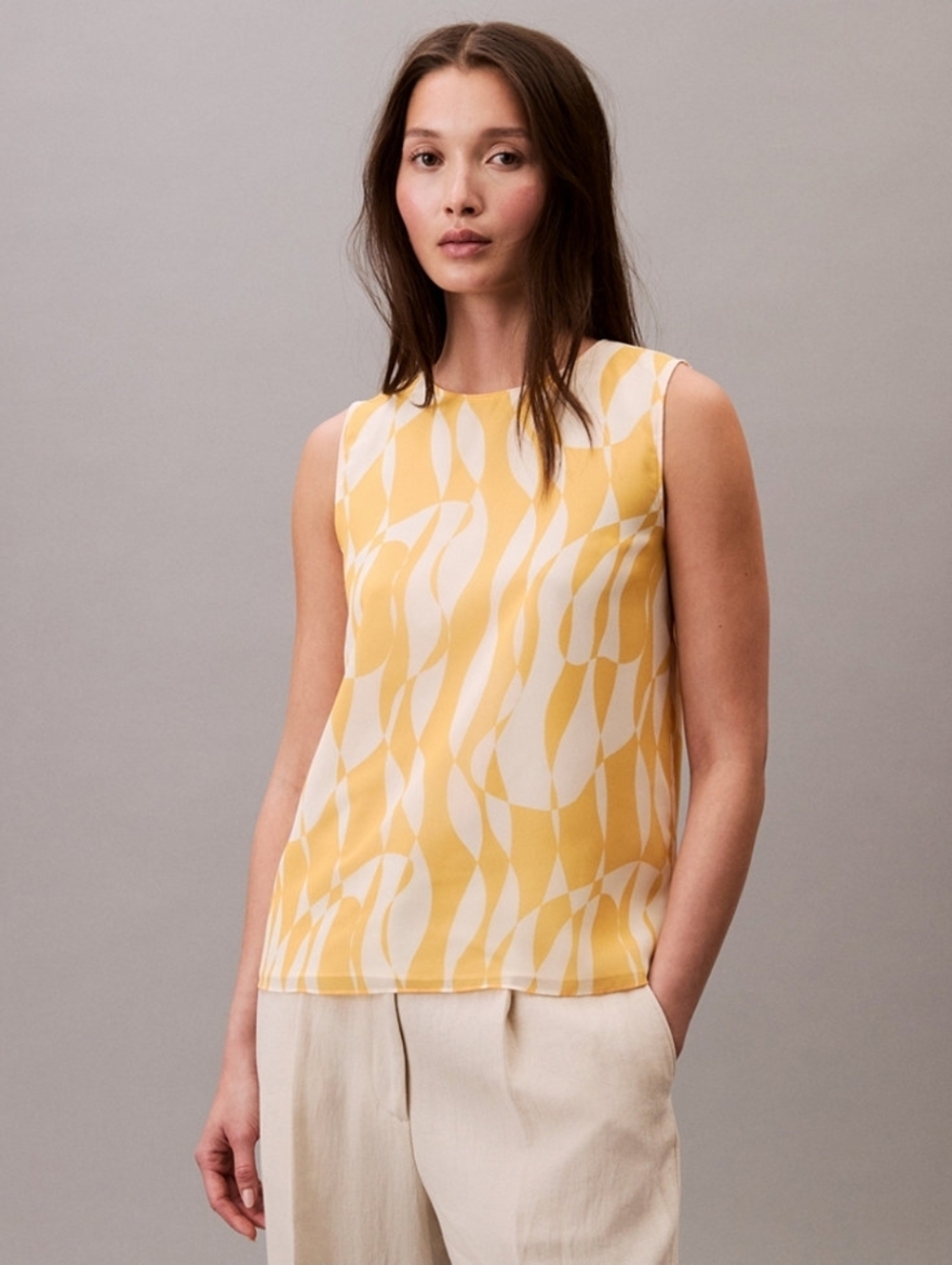 Calvin Klein Yellow Sleeveless Camisole Women's Printed Blouse Top Tank Size L